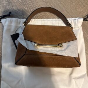 Strathberry Brown Suede Mini Top-Handle Bag with Gold Bar